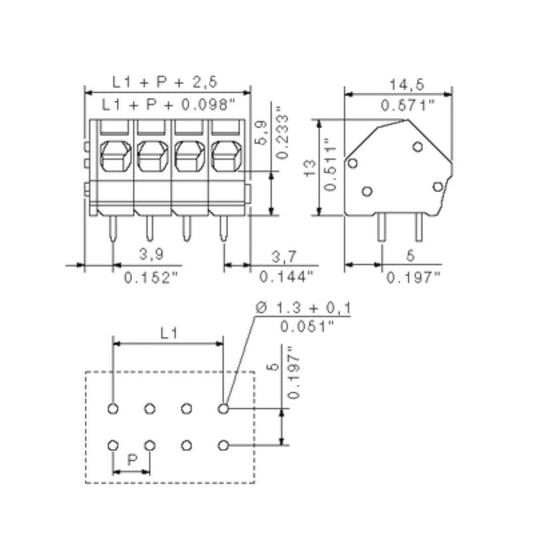 2491050000 - 5mm Pitch PCB Terminal with 135° Angle, 24A Capacity  (Pack of 100)