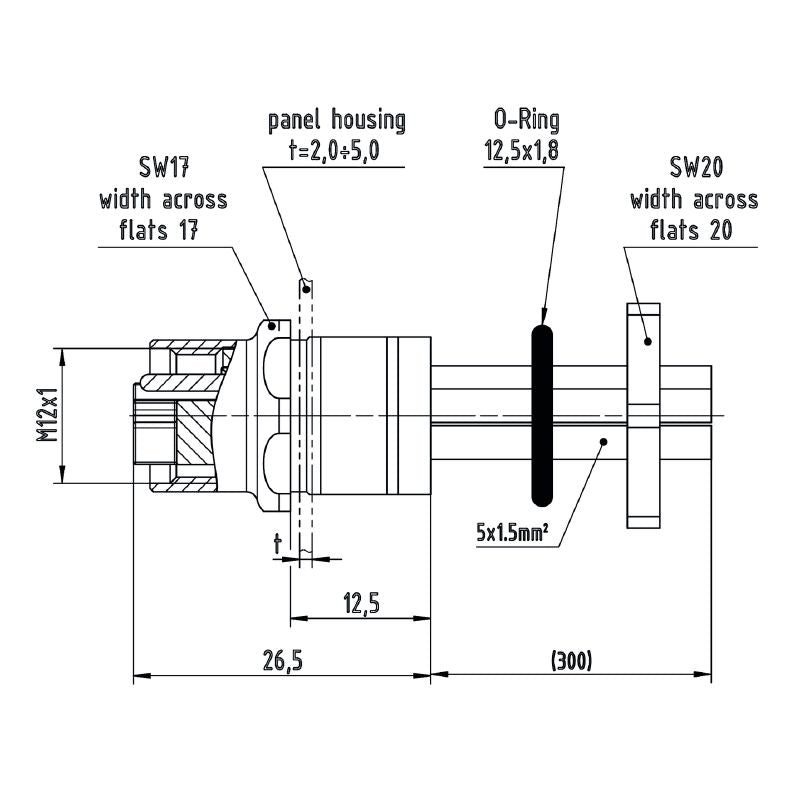 2530800000 - M12 Female Socket, 5 Poles, 0.3m, Straight Mounting M16