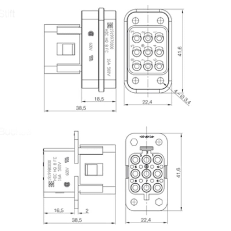1919970000 - Compact 8-Pole Copper Male Connector, 16A, 500V ...
