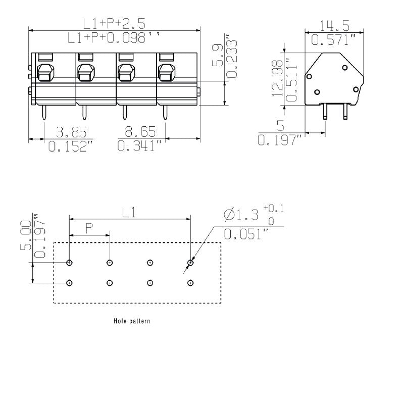 1953490000 - 10mm PCB Terminal, 4 Poles, 135° Angle, Solder Pin 3.5mm  (Pack of 100)