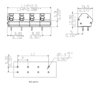 1953490000 - 10mm PCB Terminal, 4 Poles, 135° Angle, Solder Pin 3.5mm  (Pack of 100)