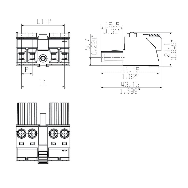 1542990000 - 7.62mm Female Plug Connector with 180° Outlet and Clamping Yoke  (Pack of 32)