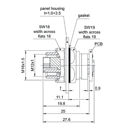 2530910000 - M12 Built-in Plug with M16 Mounting Thread and 5 Poles