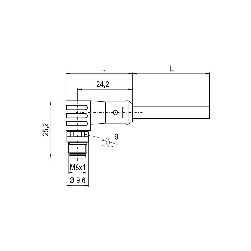 1906591000 - 10m PUR Shielded Sensor Cable, 4 Poles, 90° Angle