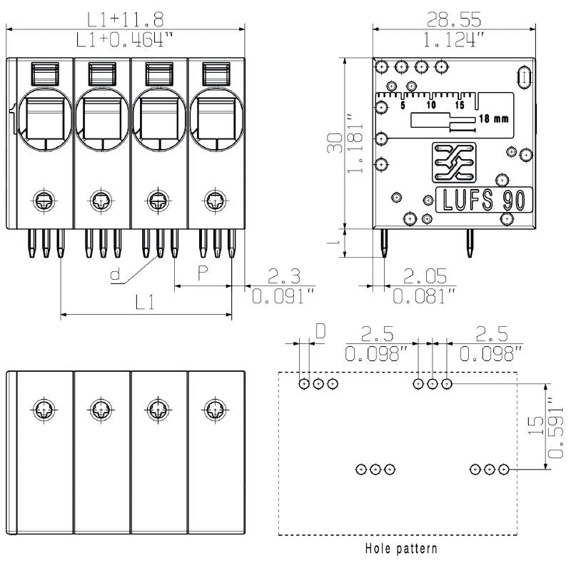 2500550000 - 10mm PCB Terminal Block, 12 Poles, 90° Angle  (Pack of 10)