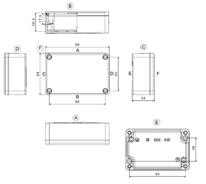 9529110000 - Silver Grey Aluminium Enclosure 64mm x 98mm x 34mm  (Pack of 6)