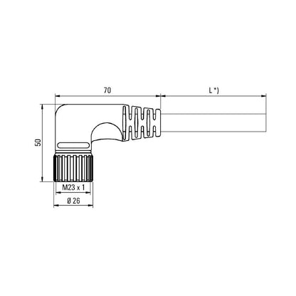 1259010150 - 1.5m M16 Connector Socket with 12 Poles, Angled Design