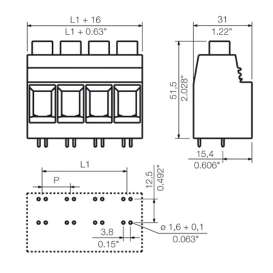 1386850000 - 15mm PCB Terminal, 9 Poles, 90° Angle, Tinned Pins  (Pack of 8)