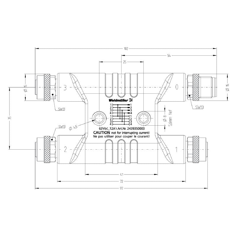 2439350000 - M12 T-Coded IP67 Y Connector with Gold-Plated Contacts
