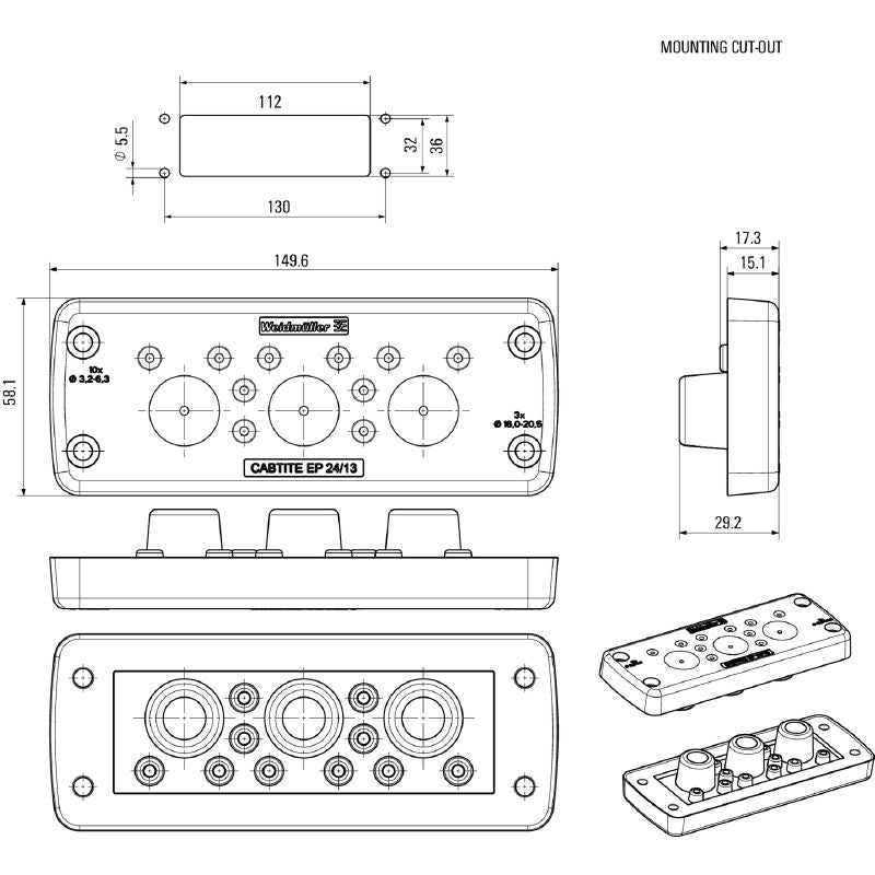 2779310000 - Grey TPE Cable Entry Plate, 58mm x 149.6mm x 29.2mm  (Pack of 10)