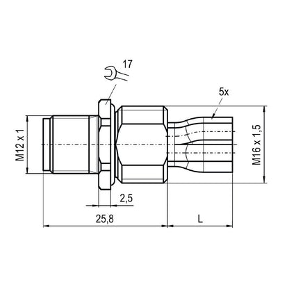 2968000000 - M12 Female Plug, Straight, 5 Poles, 0.2m Cable Length
