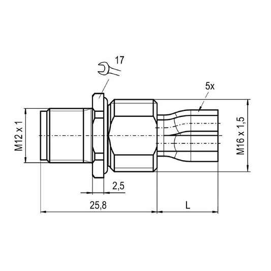 2968000000 - M12 Female Plug, Straight, 5 Poles, 0.2m Cable Length