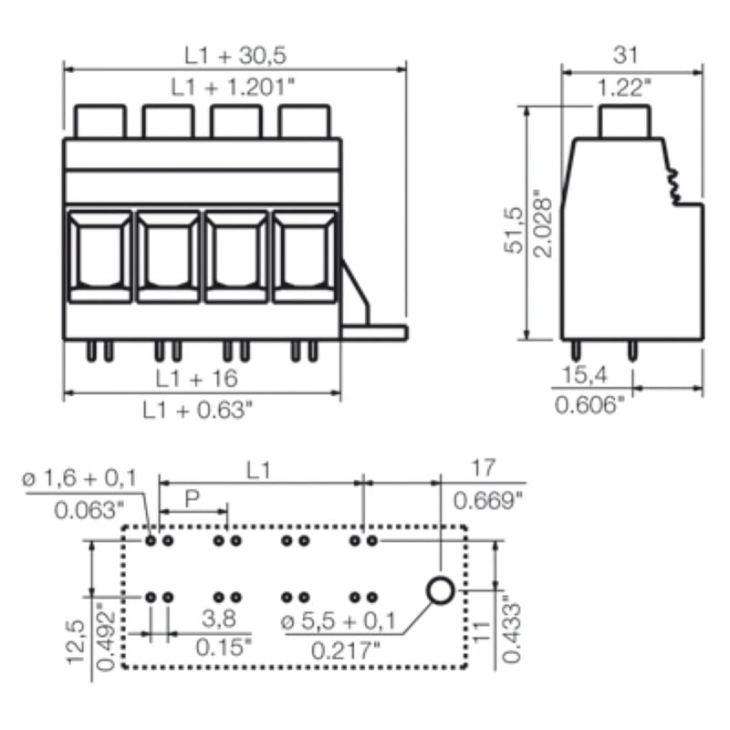 1047630000 - 15mm Black Circuit Board Terminal with 4 Poles, 90° Angle  (Pack of 10)