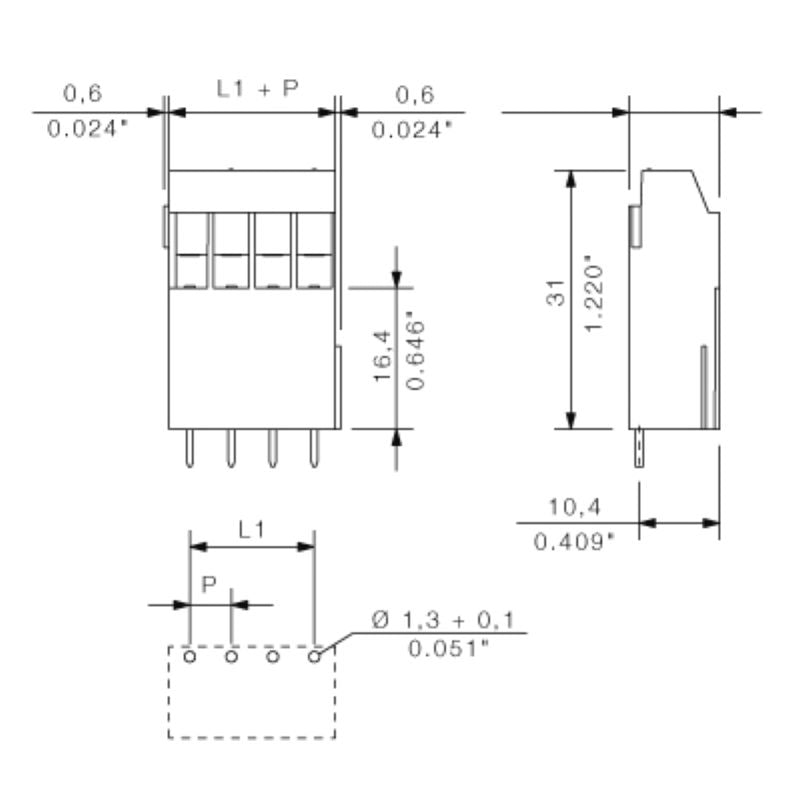 1975300000 - 5mm PCB Terminal, 7 Poles, 90° Angle, 3.2mm Pin  (Pack of 50)