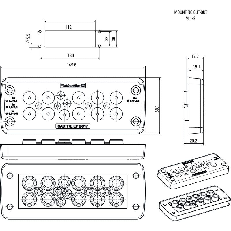 2779350000 - IP66 Cable Entry Plate, 58mm x 149.6mm, TPE Construction  (Pack of 10)