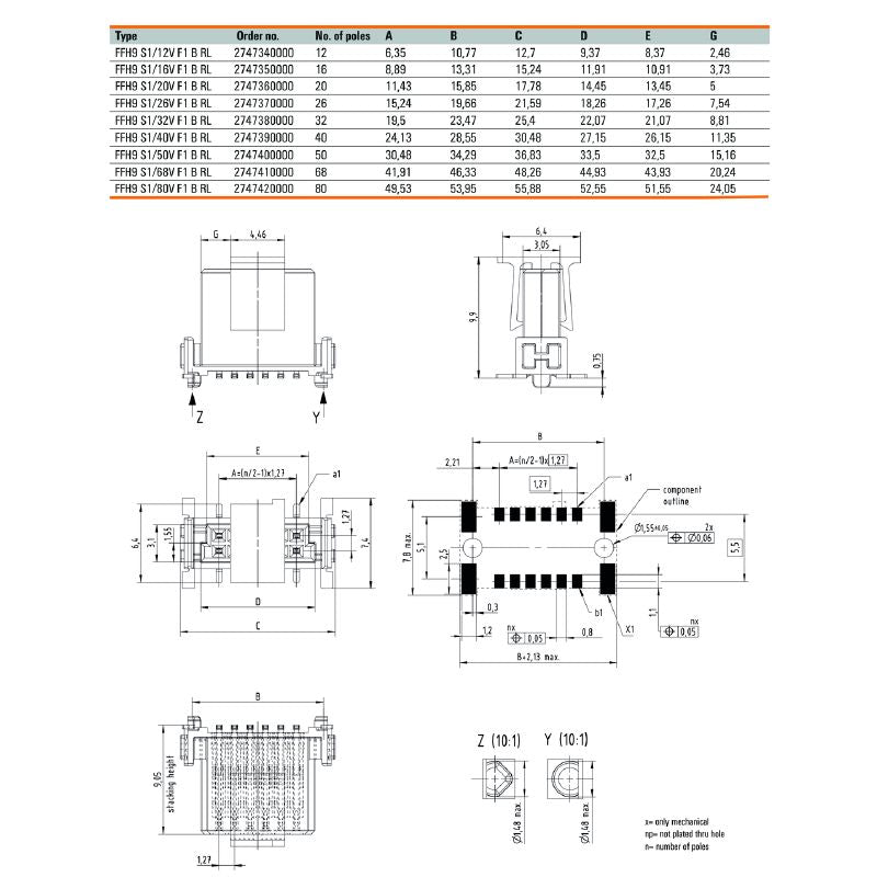 2747380000 - 1.27mm Female PCB Connector, 32 Poles, RoHS Compliant  (Pack of 280)