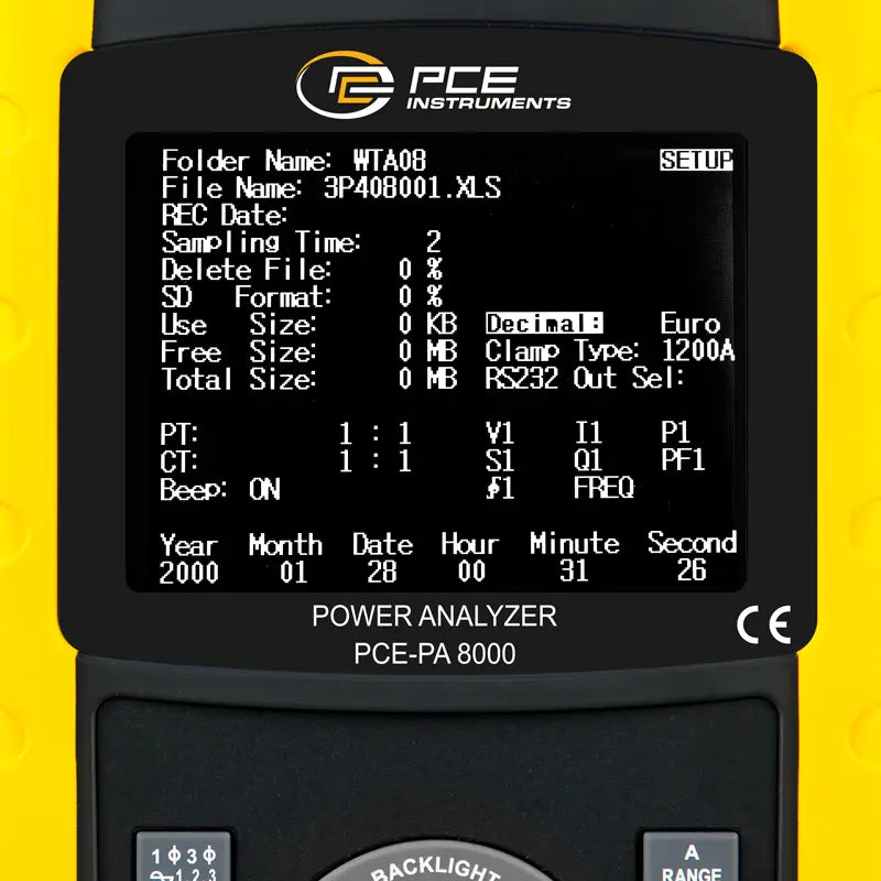 PCE-PA 8000 - Clamp Meter with SD Card Logging & 3.7" Display