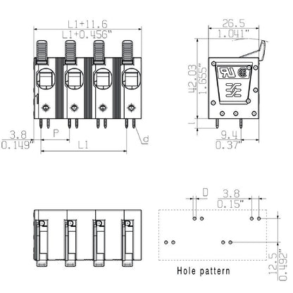 2492020000 - 15mm Black PCB Terminal, 4 Poles, 90° Connection, Push-in  (Pack of 25)