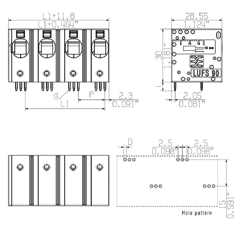 2500570000 - 15mm Black PCB Terminal, 3-Pole, 90° Orientation  (Pack of 30)