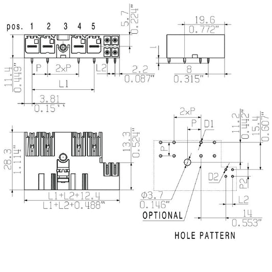 2530020000 - 7.62mm Male PCB Connector, 5 Poles with 90° Flange  (Pack of 30)