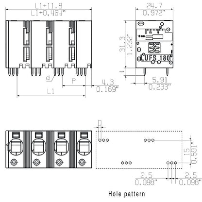 2492230000 - 15mm Pitch Black PCB Terminal Block, 4 Poles, 180° Outlet  (Pack of 25)