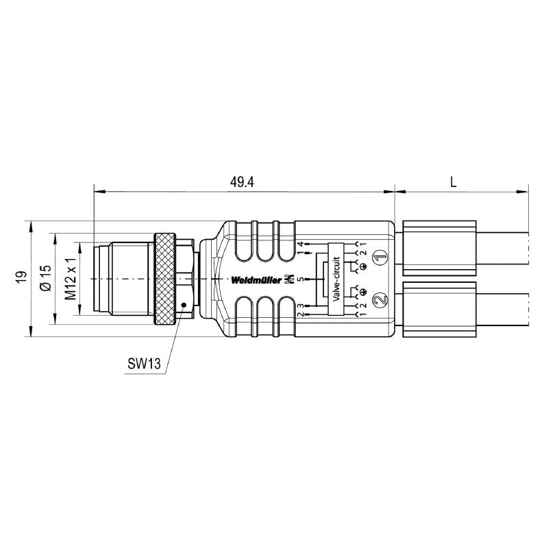 1332340200 - 2m M12 A-Coded Valve Cable with Protective Diode