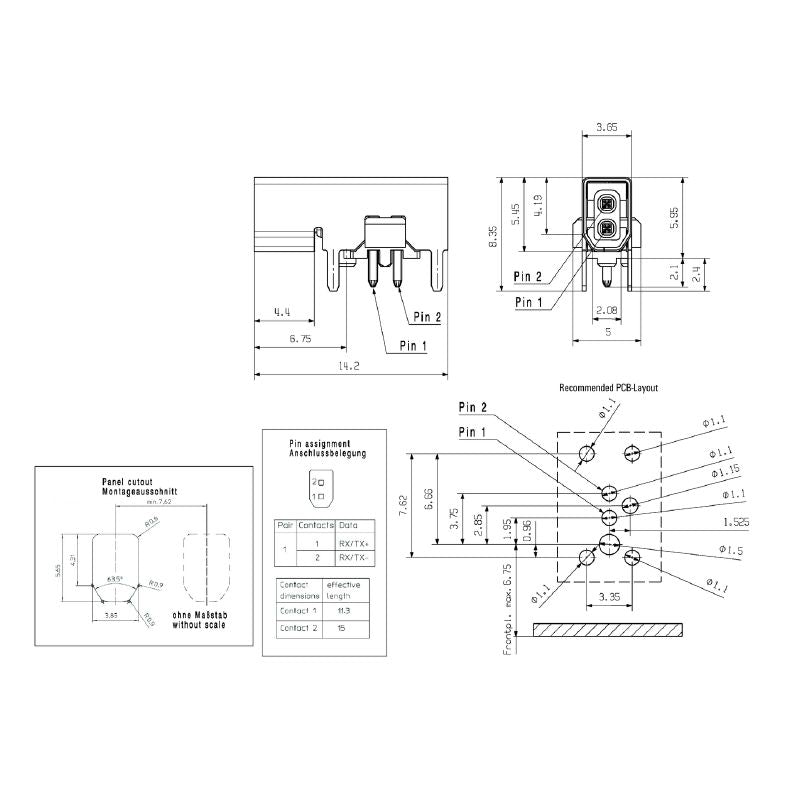 2726010000 - 2-Pole 90° PCB Connector for Single Pair Ethernet  (Pack of 100)