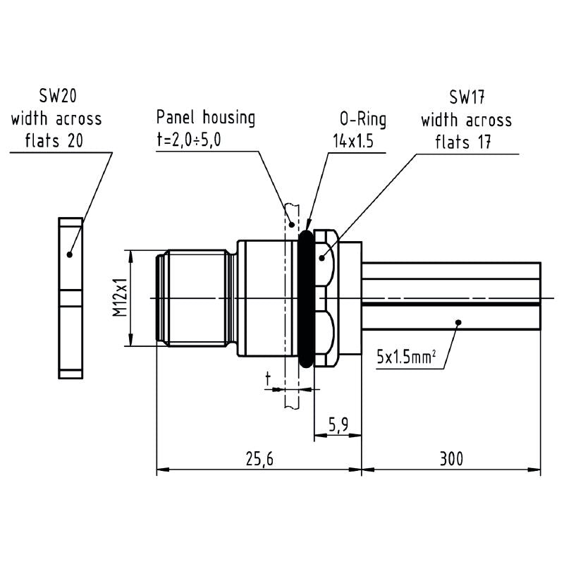 2625950000 - M12 Straight Connection Plug, 0.3m Length for Panel Mounting