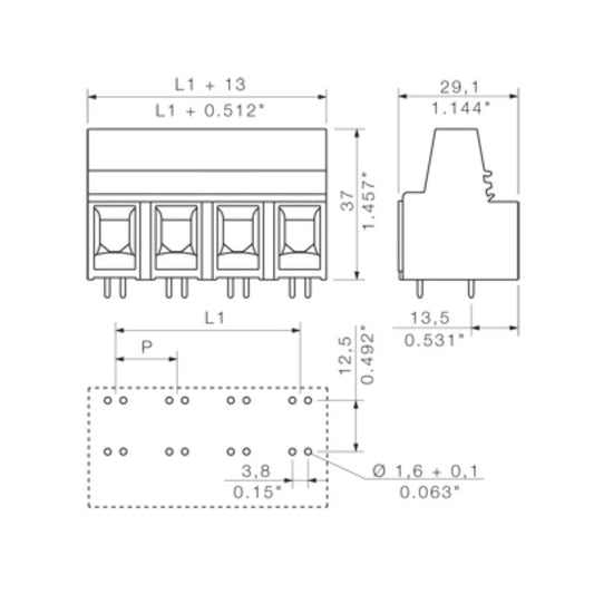1073690000 - 15mm PCB Terminal Block, 4 Poles, 4.5mm Pin Length, Grey  (Pack of 20)