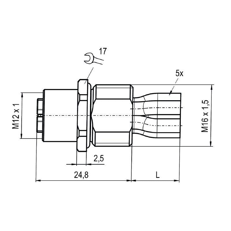 2968040000 - M12 Female Socket Connector, 0.2m Length, 5 Poles, M16 Thread