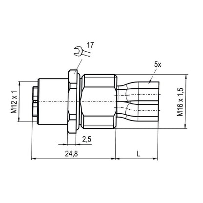 2968040000 - M12 Female Socket Connector, 0.2m Length, 5 Poles, M16 Thread