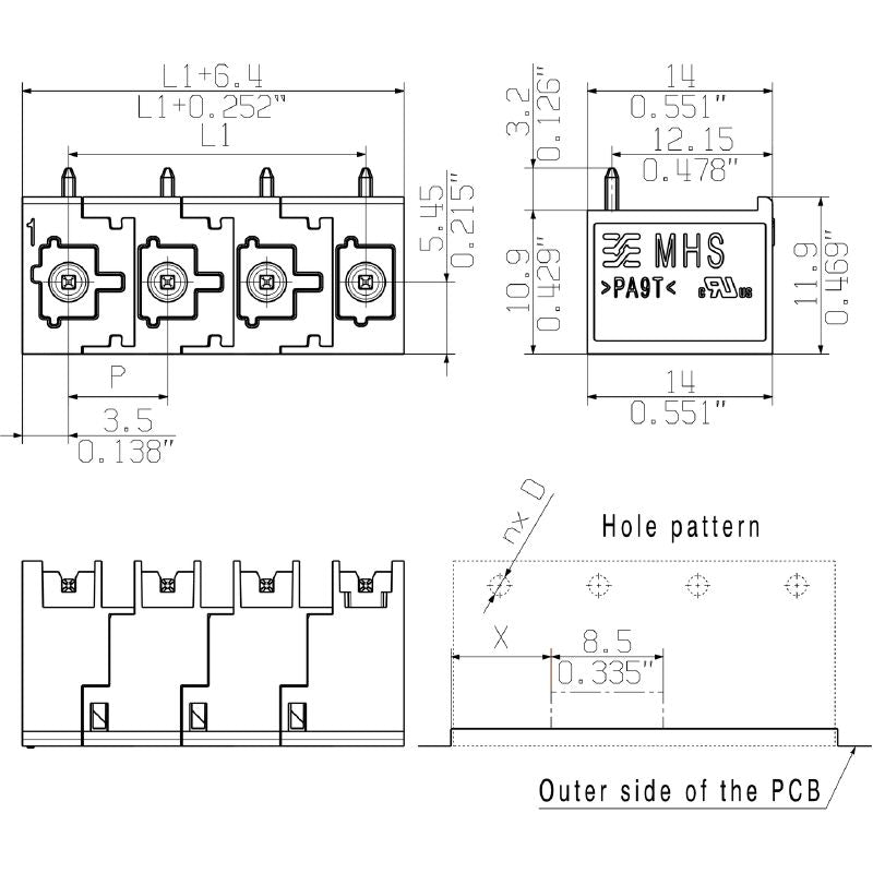 8000078325 - 7.50mm PCB Header Connector for 6 Poles, 270° Angle  (Pack of 12)