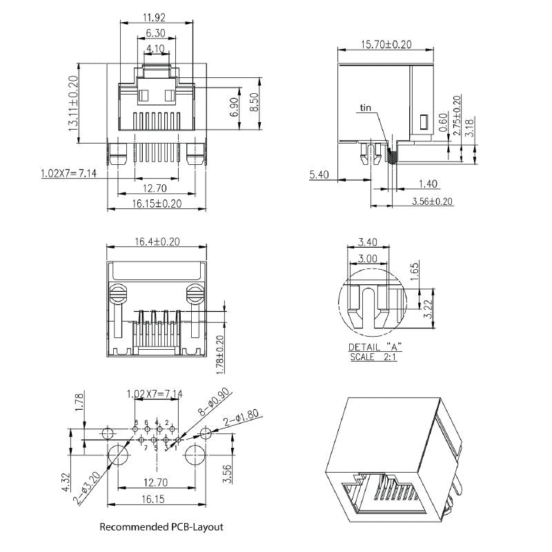 1455240000 - Cat. 5 Right Angle PCB Connector with 8 Poles  (Pack of 140)
