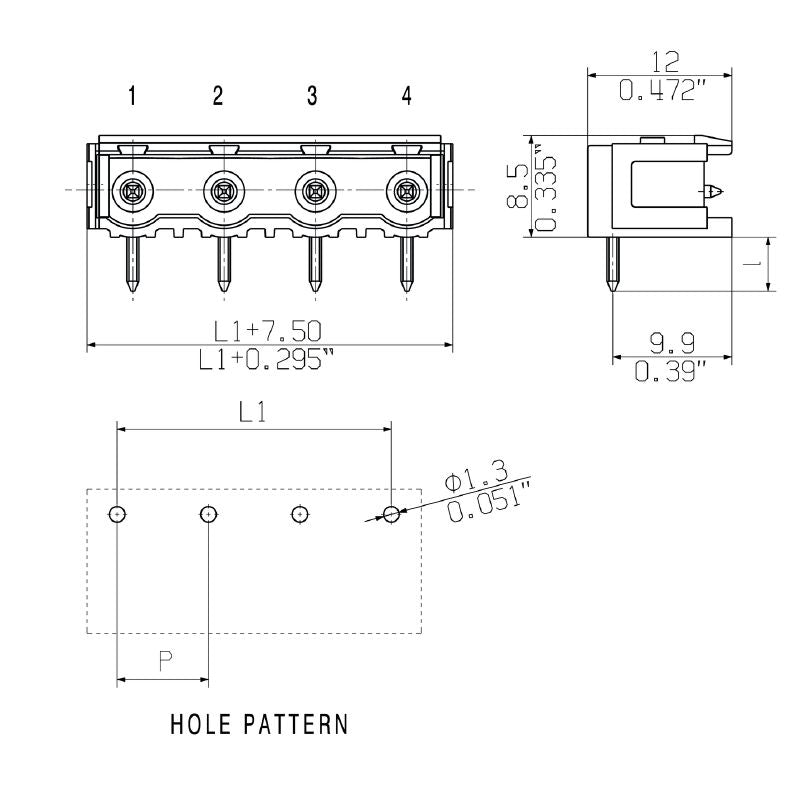 1628920000 - 7.50mm Male PCB Connector with 90° Elbow, 3 Poles  (Pack of 100)