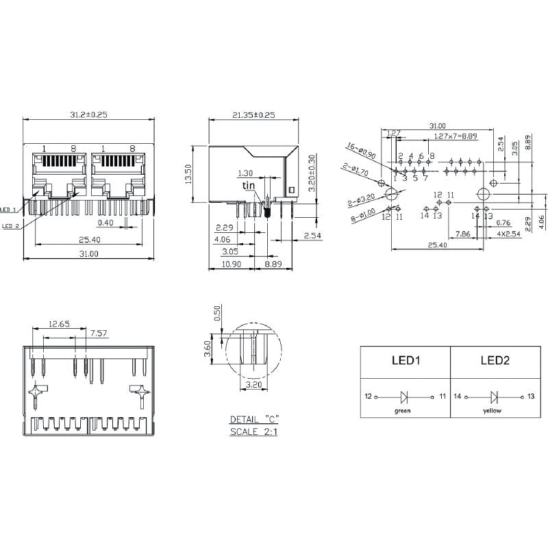 2551900000 - 90° PCB Transformer Jack, 8 Poles, UL Certified  (Pack of 200)