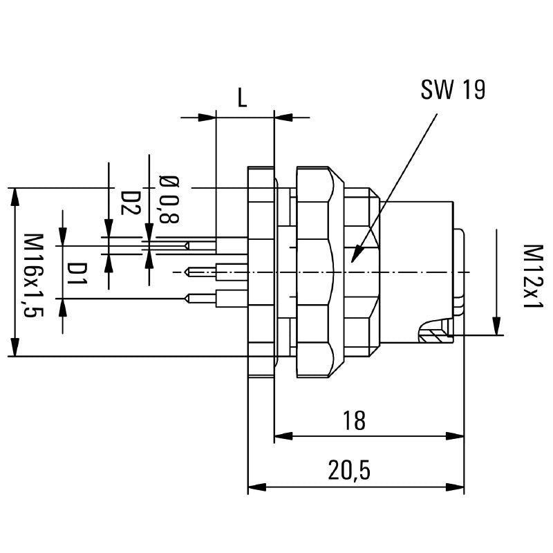2421600000 - M12 Connector with M16 Mounting Thread, 4 Poles, 250V  (Pack of 10)