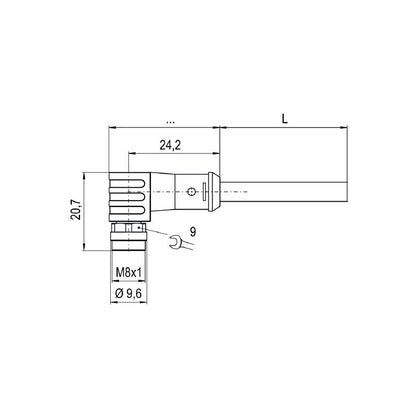 1906630150 - 1.5m Shielded M8 Connector with 4 Poles and Angled Socket
