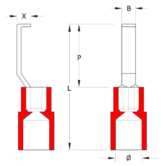 1312440000 - Red Insulated Hook-Blade Cable Lug, 0.5-1.5 mm²  (Pack of 100)