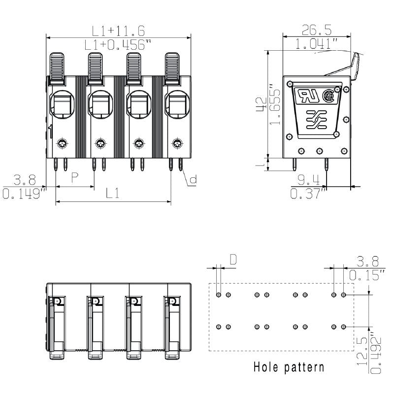 2491930000 - 15mm 6-Pole Terminal Block, 90° Push-In Connection, Black  (Pack of 10)