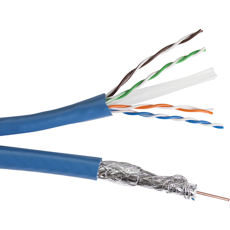 HNC-15 1x CAT6 550 MHz 23 AWG SOLID BC 4PR, UTP + 1x RG6/U QUAD SHIELD COAX BC -SIAMESE, UL CM- PVC JKT – BLUE- 1000FT/305M SPOOL