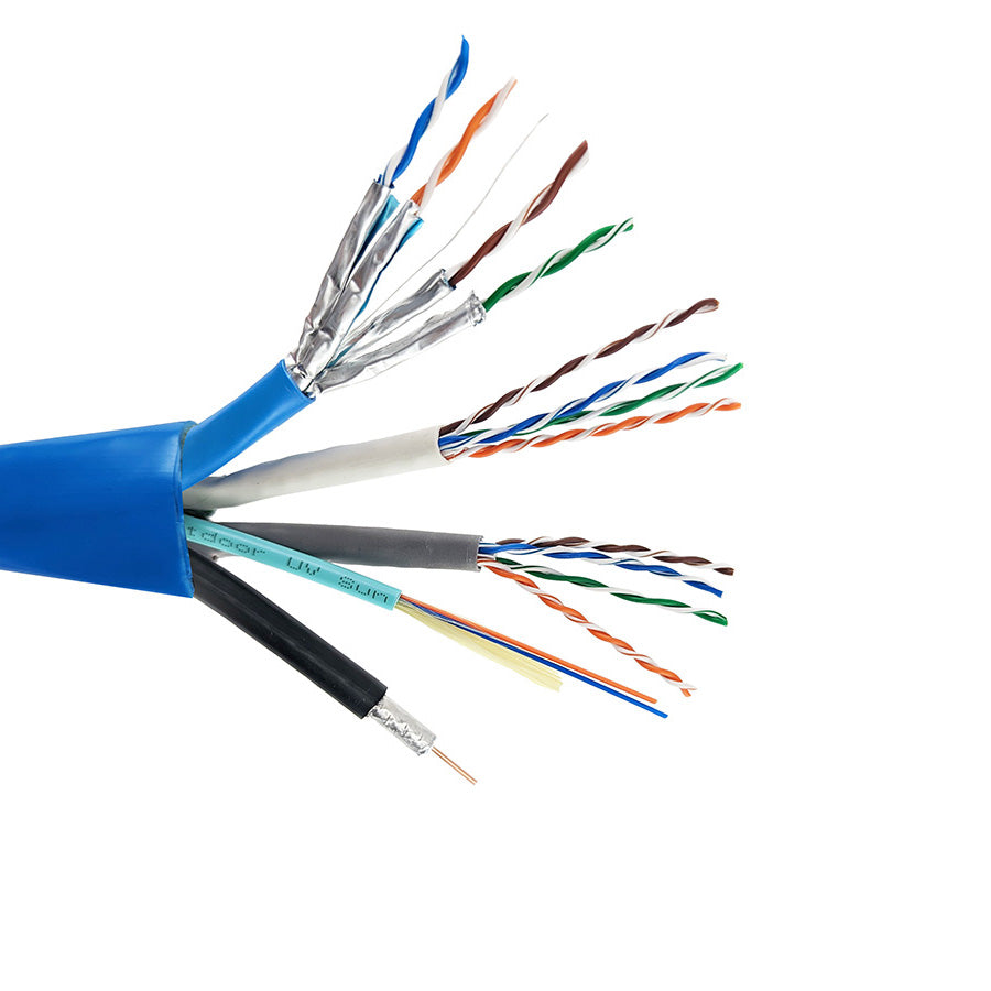 HNC-EF-2 Copper/Fiber Composite – (2) Cat6 UTP UL CMR (White/Gray) + (1) Cat6a U/FTP UL CMR (Blue) + (1) RG6/UQ CCS + (1) 2-Strand Tight Buff Dist OM3 SCP EasyFiber w/Corning Clearcurve, UL OFNR (Aqua), Blue Overall Jacket 500ft/152m Spool