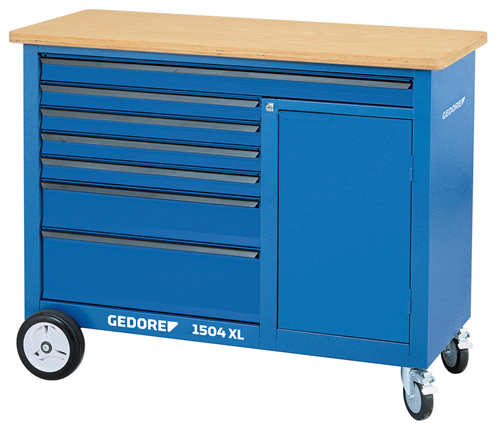 1988468 - 1.25m Steel Rolling Workbench with 7 Drawers and Beech Wood Top