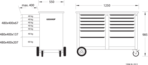 2528088 - Mobile Workbench 1250mm with Beech Wood Top & 14 Drawers