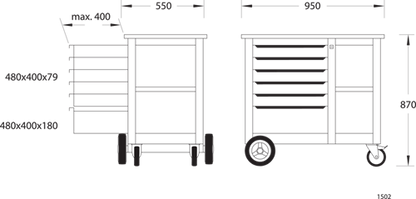 6620540 - Heavy-Duty Mobile Workbench with 6 Drawers & Beech Wood Top