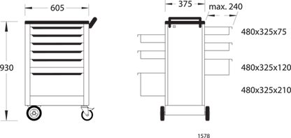9018140 - 6-Drawer Tool Trolley, H930 x W605 mm, Steel Construction