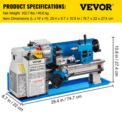 010846869676 - 7" x 14" VEVOR Metal Lathe with 550W Motor