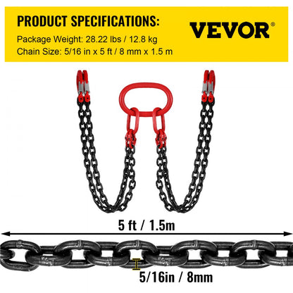 010517884162 - G80 5Ft Chain Sling with Locking Hooks for Heavy Loads
