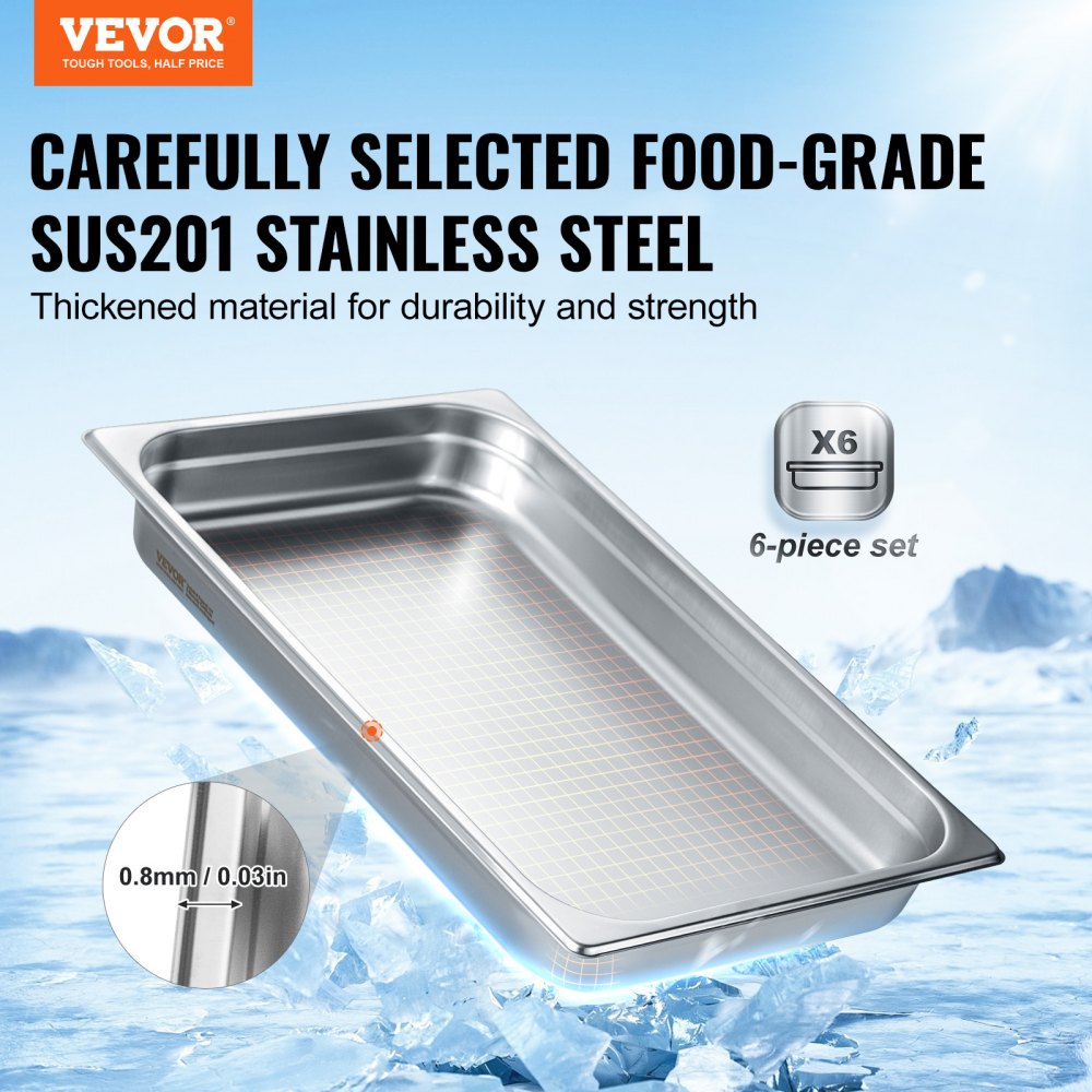 UCT8112-6 - 6 Pack Stainless Steel Hotel Pans, Full Size 9.25L Capacity