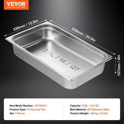UCT8114-1 - 4-Inch Deep Stainless Steel Catering Steam Pan, 13.9L Capacity