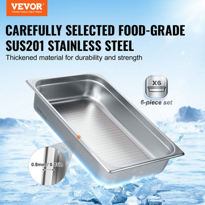 UCT8114-6 - Durable 0.8mm Stainless Steel Hotel Pans, Full Size, Versatile Use